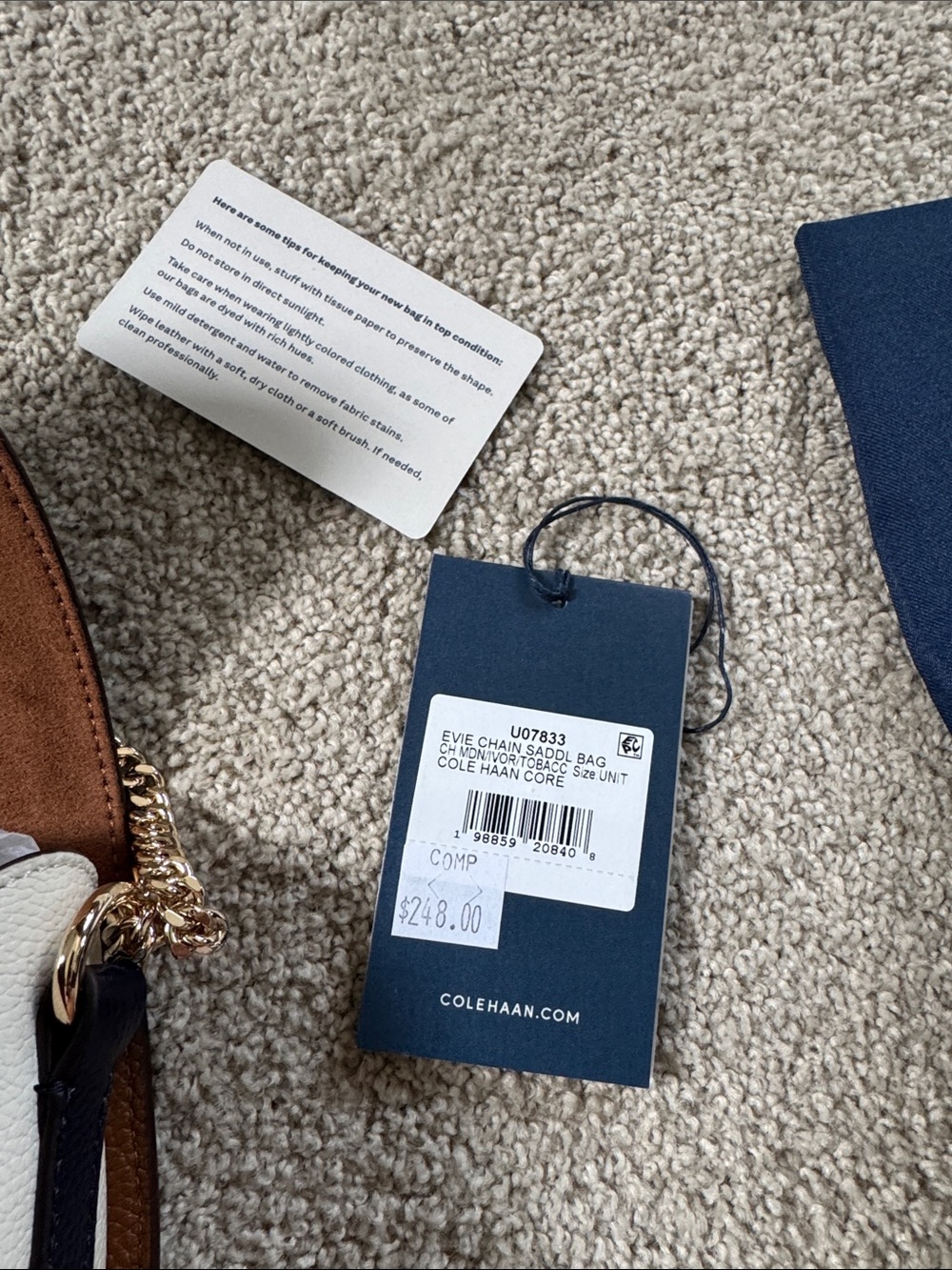 Cole Haan Navy and Brown Pebbled Leather Crossbody with Gold Chain - Picture 9 of 14
